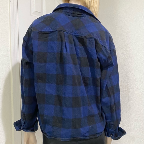 WILD FABLE Navy Buffalo Check Plaid Flannel Cropped Button Down Shirt Size XL - Picture 6 of 14
